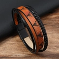 Western bull skull print leather multi-layer braided bracelet with magnetic clasp for men - Tan