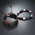 Vintage heren armbandenset met kruiskralen en bruin gevlochten leer met bedels - Bruin Leer Met Rood Zwart Witte Kralen (Kleur 3)