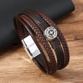 Bracciale multistrato in pelle intrecciata marrone da uomo con chiusura magnetica e ciondolo - caffè