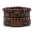Men's vintage brown leather braided bracelet set with wood beads and bull skull pattern - U-Shape Bull Head