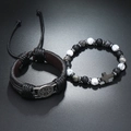 Retro kralenarmbandset met kruishanger en meerlaags zwart gevlochten lederen band - Zwart Leer Met Grijs Zwart Witte Kralen (Kleur 6)