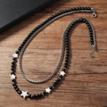 Detail of double-layer men's necklace with matte black beads and silver square chain links - White Star Style (Style 2)