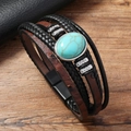 Men's vintage multi-layer leather bracelet featuring a turquoise stone and magnetic clasp - Black Coffee