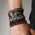 Pulsera multicapa de cuero retro para hombre con mariposa y cuentas de madera étnicas - Pulsera de Mariposa de Siete Capas