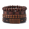 Men's 4-piece set of vintage leather braided bracelets with wooden beads and helm symbol - Rudder Style