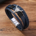Detail of multi-layer blue leather bracelet with silver bull skull and magnetic clasp - Navy Blue