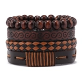 Men's handmade woven leather bracelet set with wooden beads in vintage ethnic style - Style S