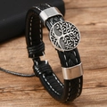 Vintage Herren Lederarmband geflochten mit Lebensbaum Metallanhänger und weißer Naht - Schwarz