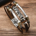 Detail of multi-layer leather bracelet featuring wood beads and stainless steel clasp - Coffee