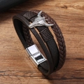 Handcrafted multilayer leather bracelet for men featuring a vintage bull skull charm and magnet - Dark Coffee