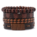 4-teiliges Herren-Armband-Set aus Leder und Holzperlen mit Totenkopf-Prägung und Flechtung - Schädel-Alien