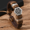 Vintage geflochtenes Lederarmband für Herren mit sechseckigem Wikinger Vegvisir Anhänger - Braun