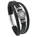 Detail of multi-layer braided leather bracelet featuring silver anchor plate and magnetic clasp - Black