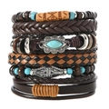 Lot de 6 bracelets bohèmes vintage avec perles turquoise et tresses en cuir marron - Style Fleur Vintage