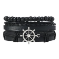 Vintage mehrlagiges schwarzes Lederarmband Set mit matten Perlen und silbernem Steuerrad - Schwarzes 3-teiliges Set