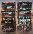 Mehrlagiges Retro-Lederarmband-Set für Herren mit Feder- und Türkis-Anhängern - Mehrlagiges Set (Mehrfarbig)
