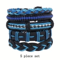 Detailed set of 5 vintage handmade braided bracelets with blue beads and leather straps - Blue 5-Piece Set