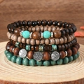 Bohemian multilayer bead bracelet set with wood beads and silver tree of life charm - Bohemian Style 6 (RH771)