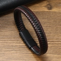 Detail of woven black and brown leather bracelet with matte black magnetic buckle - Black and Brown