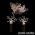 Set de tres piezas de peineta y horquillas de novia en oro rosa con flores y cristales - Estilo Oro Rosa (Peine Y Horquillas)