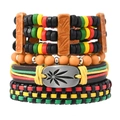 Bohemian multilayer beaded bracelet set with Rasta colors and maple leaf charm - Style 4