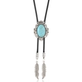 Detail of vintage Western bolo tie featuring turquoise stone and silver flower carving - Vintage Flower Style