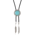 Detailed macro view of retro western bolo tie featuring turquoise stone and silver feathers - Small Disk Style