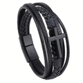 Bracciale multistrato da uomo in pelle nera intrecciata con croce in metallo e chiusura magnetica - Nero