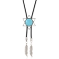 Detail of vintage bolo tie with blue turquoise star pendant and silver feather tips - Turquoise Star Style
