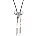 Vintage steer skull bolo tie with engraved cross patterns and black braided cord - Bull Skull Necklace