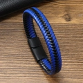 Braided blue and black leather men's bracelet with a matte black magnetic metal clasp - Black and Blue