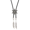 Detail of western bolo tie featuring a silver hexagram slider and metal feather pendants - Pentagram Star