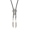 Macro view of silver Gothic cross slider and woven leather cord on retro bolo tie - Cross Necklace