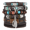 Mehrlagiges Lederarmband im Retro-Stil mit Stierschädel-, Cowboyhut- und Federanhängern - 6-teiliges Set Stil 1