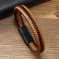 Handmade woven leather bracelet for men with orange-black cord and black magnetic clasp - Black and Camel