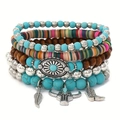 Bohemian meerlaagse kralenarmbandset met veer-, stierkop- en cowboylaarsbedeltjes - Meerkleurig