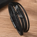 Bracciale multistrato in pelle nera da uomo con ciondolo aquila vintage e chiusura magnetica - Nero