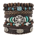 Gelaagde leren heren armbanden set met zonnebloem en stierenkop bedels in retro stijl - Zonnebloem Stijl