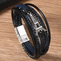 Mehrlagiges Lederarmband für Herren im Boho-Stil mit Eiffelturm-Anhänger und Magnetverschluss - Marineblau