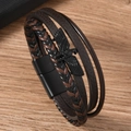Bracciale da uomo in pelle intrecciata con ciondolo aquila nera e chiusura magnetica in zinco - caffè