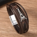 Böhmisches mehrlagiges Lederarmband in Braun mit Eiffelturm-Anhänger und Magnetverschluss - Kaffeebraun