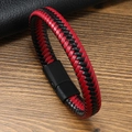 Braided leather bracelet with black magnetic buckle in red and black on wood background - Black and Red