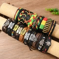 Jamaica set of woven leather bracelets with reggae colors and maple leaf alloy charms - Assorted Styles Set