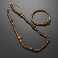 Men's handmade coconut shell necklace and bracelet set with natural tiger eye stones - Necklace and Bracelet Set / Tiger Eye