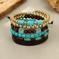 Detail view of Bohemian layered bracelet with turquoise beads and feather embossed leather - Feather Leather Style (Style 4)