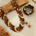Set bohémien 3 pezzi fatto a mano con collana di perline di legno marrone e bracciale della vita - Set da 3 pezzi