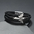 Men's vintage cross and sword multilayer braided leather bracelet with magnetic buckle - Black