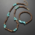 Men's handmade coconut shell necklace set with natural turquoise and gold accents - Necklace and Bracelet Set / Turquoise