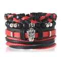 Bracelet multicouche 4 pièces en cuir avec tête de lion argentée et perles rouges et noires - Style Tête de Lion (Style 7)