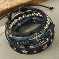 Macro view of adjustable multi-layer bohemian bracelet set with beads and denim cords - Star Pattern Denim Style (Style 6)